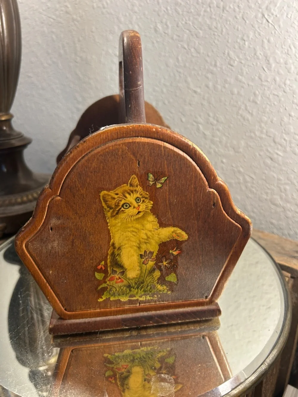Vintage-Style Brown Wooden Cat Caddy with Yellow Kitten Decals Cute Core